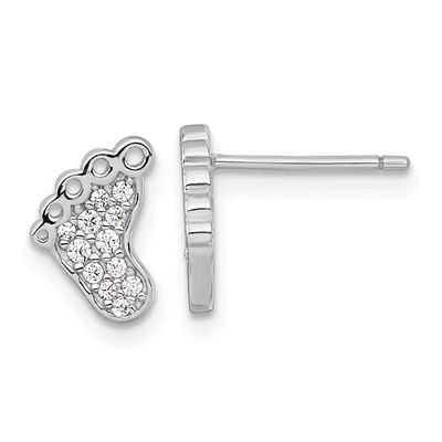 Polished CZ Footprints Post Earrings Sterling Silver Rhodium-plated, QG7245E,