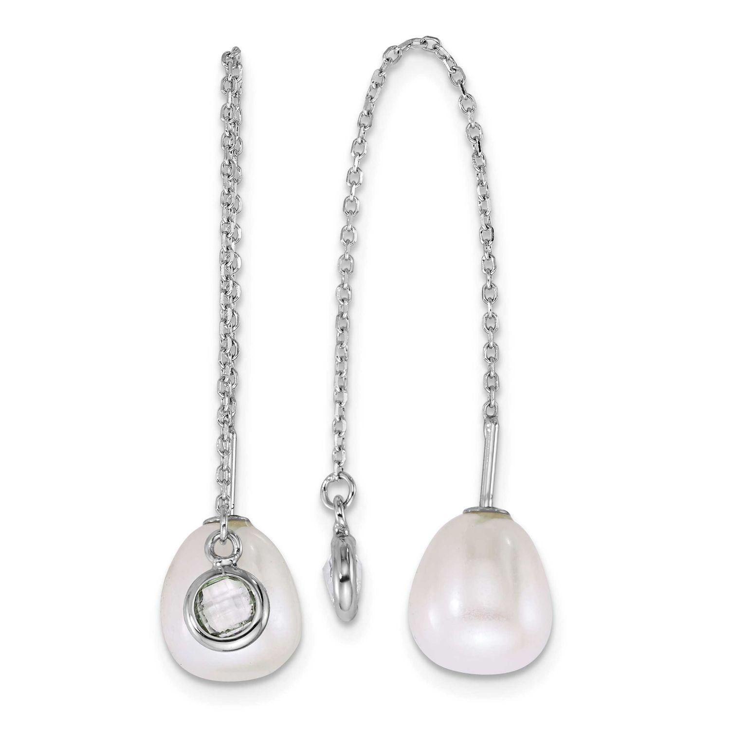 6-8mm White Teardrop Freshwater Cultured Pearl and Glass Threader Earrings Sterling Silver Rhodium-