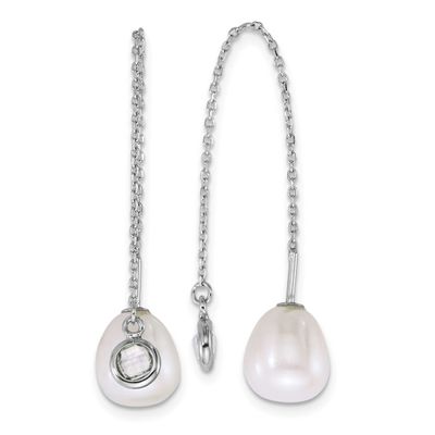 6-8mm White Teardrop Freshwater Cultured Pearl and Glass Threader Earrings Sterling Silver Rhodium-