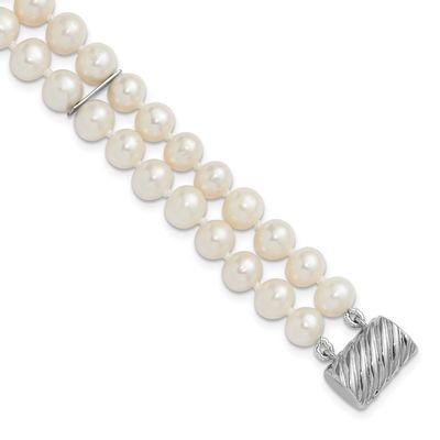 6-7mm White Round Freshwater Cultured Pearl 2-Strand 7 inch Bracelet Sterling Silver, QH5846-7,