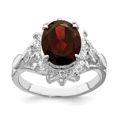 Garnet &amp; CZ Ring Sterling Silver Rhodium-plated, QR746-8, 815479014775