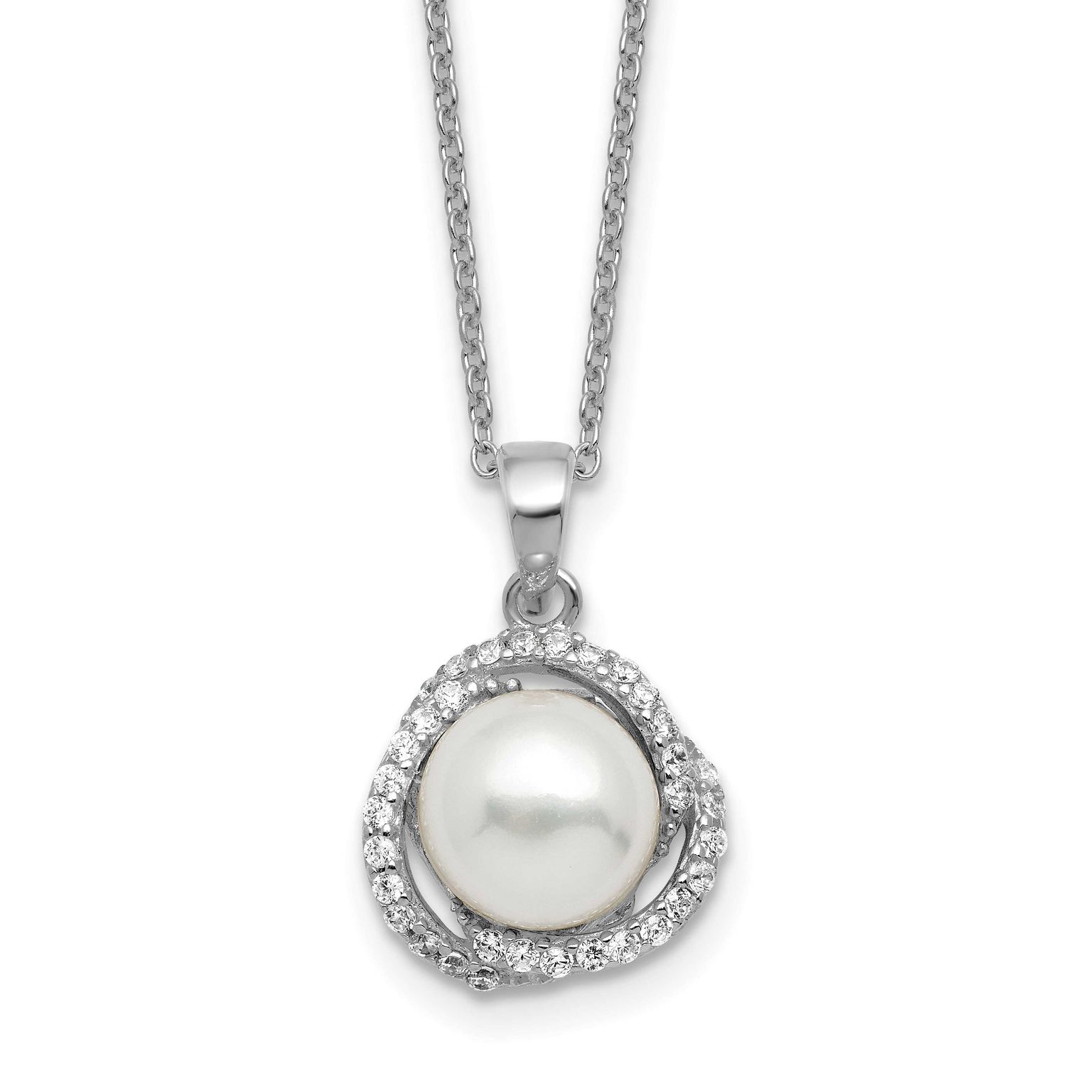 Cheryl M Polished Freshwater Cultured Pearl and CZ 16 Inch with 2 Inch Extension Necklace Sterling