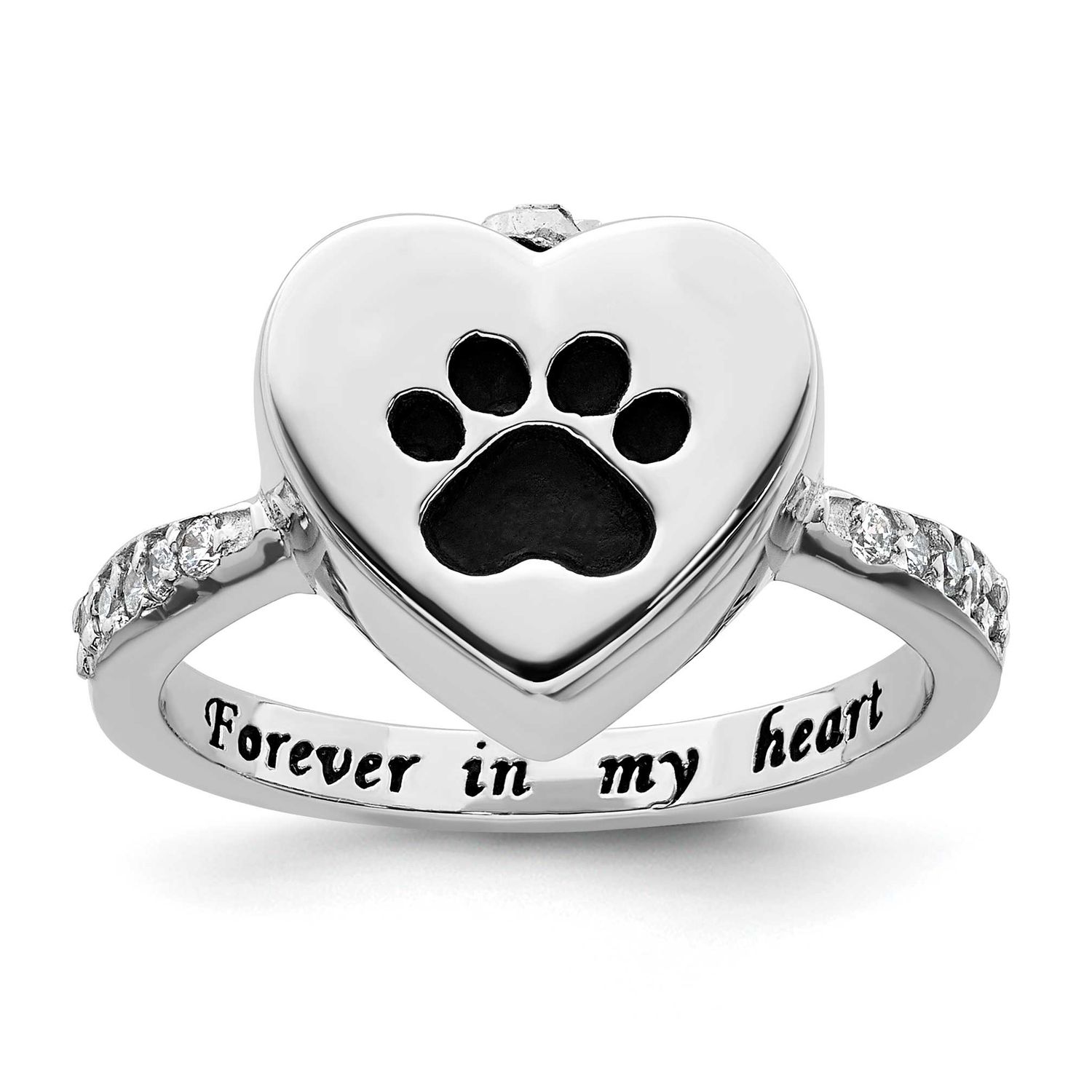 Enameled CZ Heart Paw Print Ash Holder Ring Sterling Silver Rhodium-plated, QR7649-8,