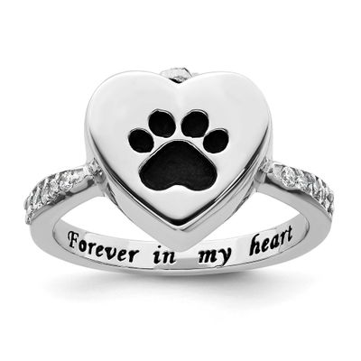 Enameled CZ Heart Paw Print Ash Holder Ring Sterling Silver Rhodium-plated, QR7649-8,