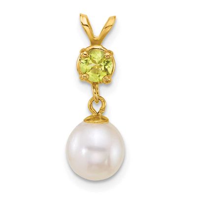 7-8mm White Round Freshwater Cultured Pearl and .26PE Peridot Pendant 14k Gold, XF878/PE,