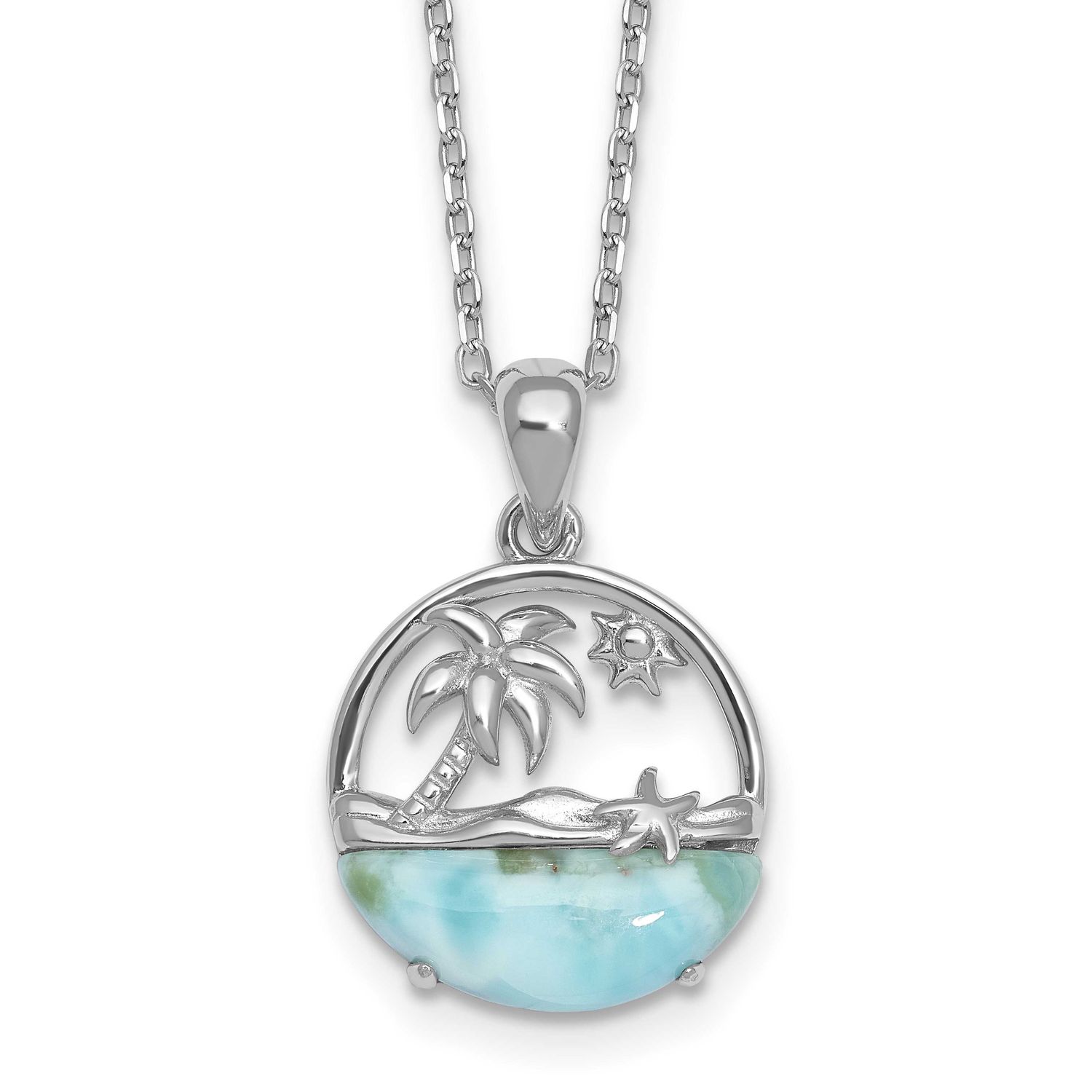 Larimar Beach Scene 16in 1.75in Ext Necklace Sterling Silver Rhodium-plated, QG7100-16,