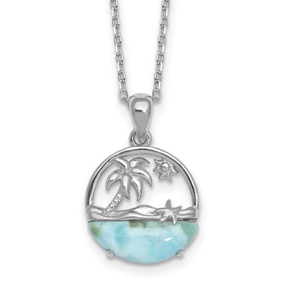 Larimar Beach Scene 16in 1.75in Ext Necklace Sterling Silver Rhodium-plated, QG7100-16,