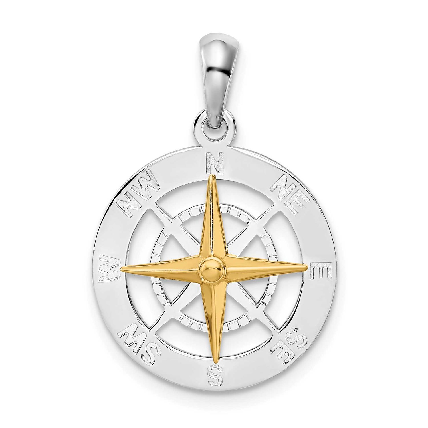 De-Ani Small Compass with 14k Needle Pendant Sterling Silver Rhodium-plated, QC10866G, 637218184255