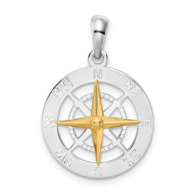 De-Ani Small Compass with 14k Needle Pendant Sterling Silver Rhodium-plated, QC10866G, 637218184255