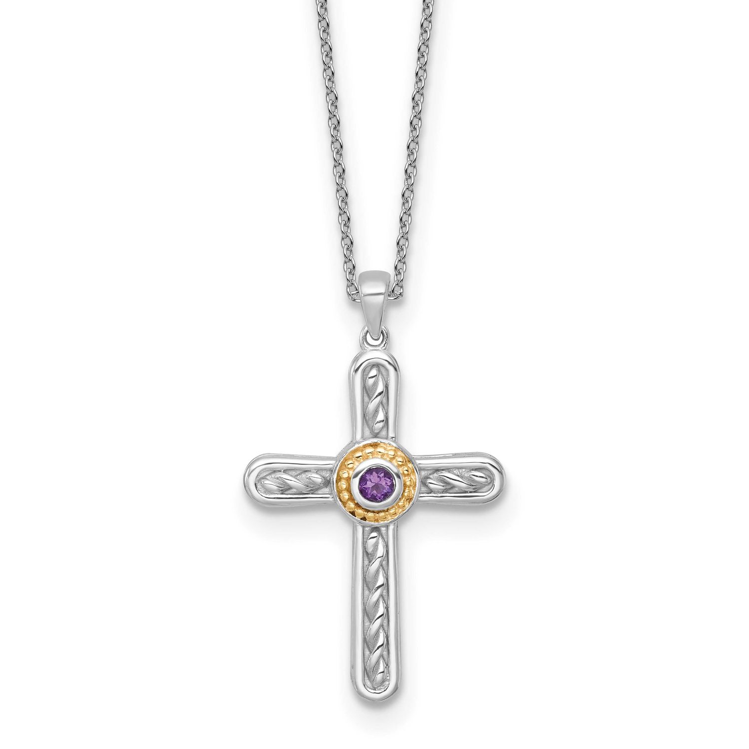 Shey Couture with 14k Accent Round Amethyst Textured Cross 18 inch with 2 inch Extension Necklace S