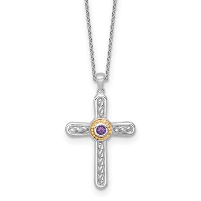 Shey Couture with 14k Accent Round Amethyst Textured Cross 18 inch with 2 inch Extension Necklace S