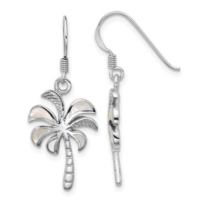 Polished MOP Palm Tree Dangle Earrings Sterling Silver Rhodium-plated, QG7244E,
