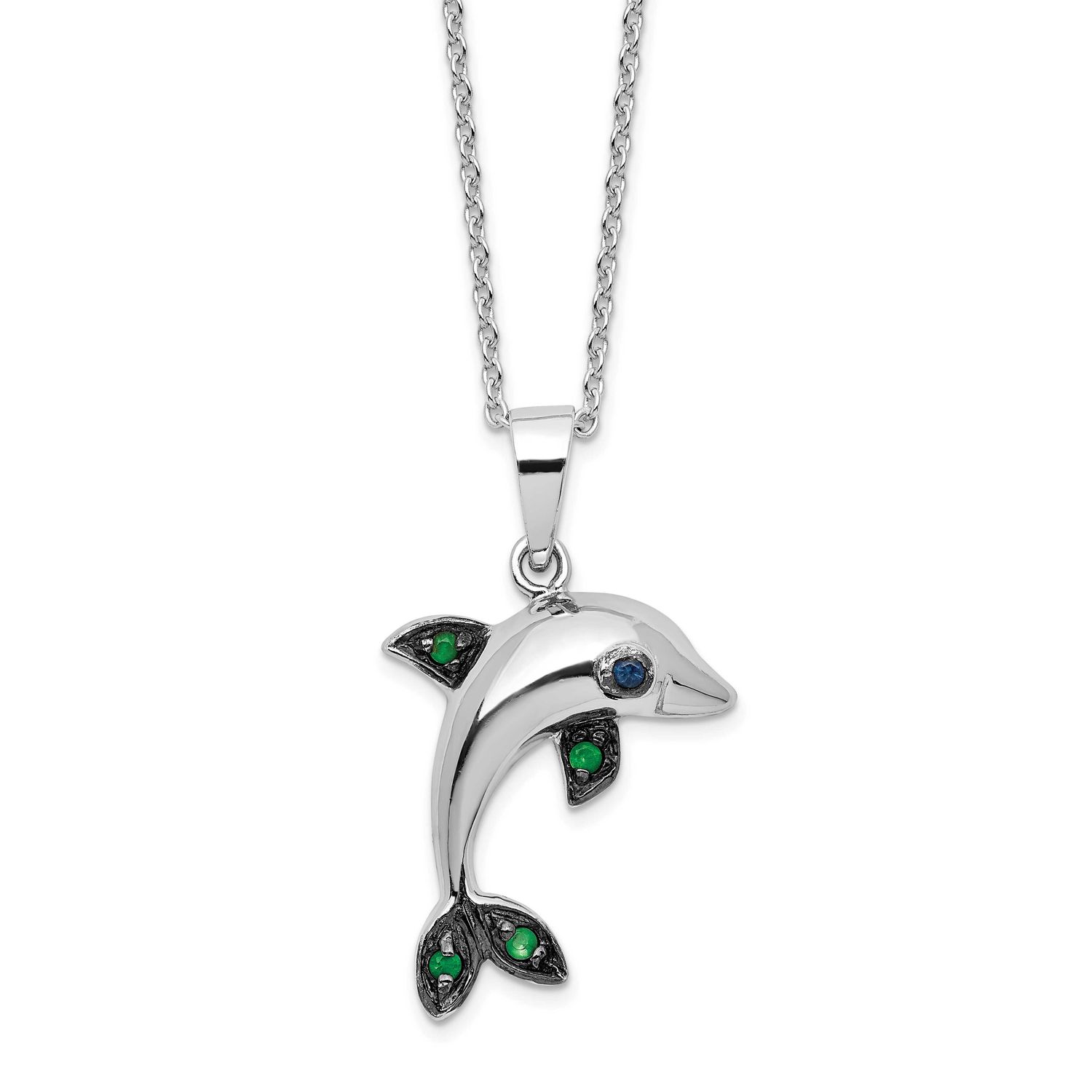 Cheryl M with Black Rhodium Polished Blue and Green CZ Dolphin 16 Inch with 2 Inch Extension Neckla