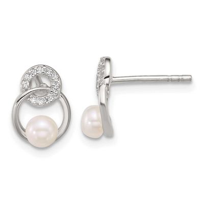 CZ and Imitation Pearl Circles Post Earrings Sterling Silver Polished, QE18189,