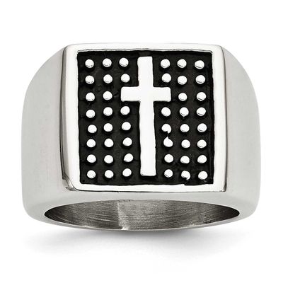 Antiqued Polished &amp; Textured Cross Signet Ring Stainless Steel, SR281-9, 886774263519