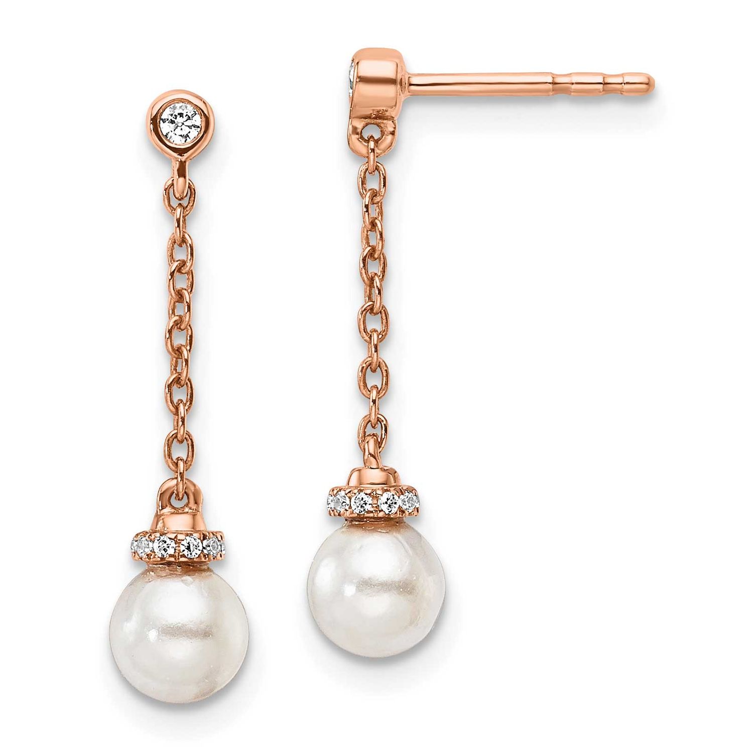 Polished Diamond and Pearl Chain Dangle Post Earrings 14k Rose Gold, EM10183-009-RAA,