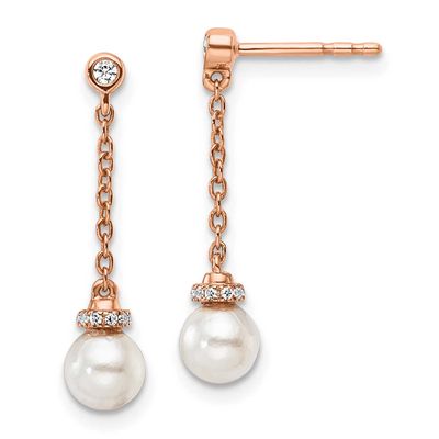 Polished Diamond and Pearl Chain Dangle Post Earrings 14k Rose Gold, EM10183-009-RAA,
