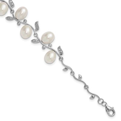 6-8mm White Teardrop Freshwater Cultured Pearl and CZ Leaf 7 inch with 2 inch Extension Bracelet St