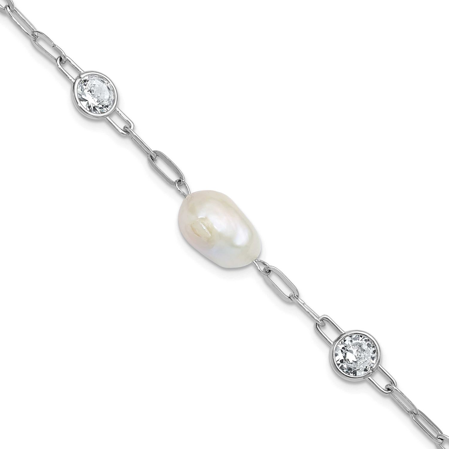 Cheryl M Polished Freshwater Cultured Pearl and CZ Link with .75 Inch Extension Bracelet Sterling S