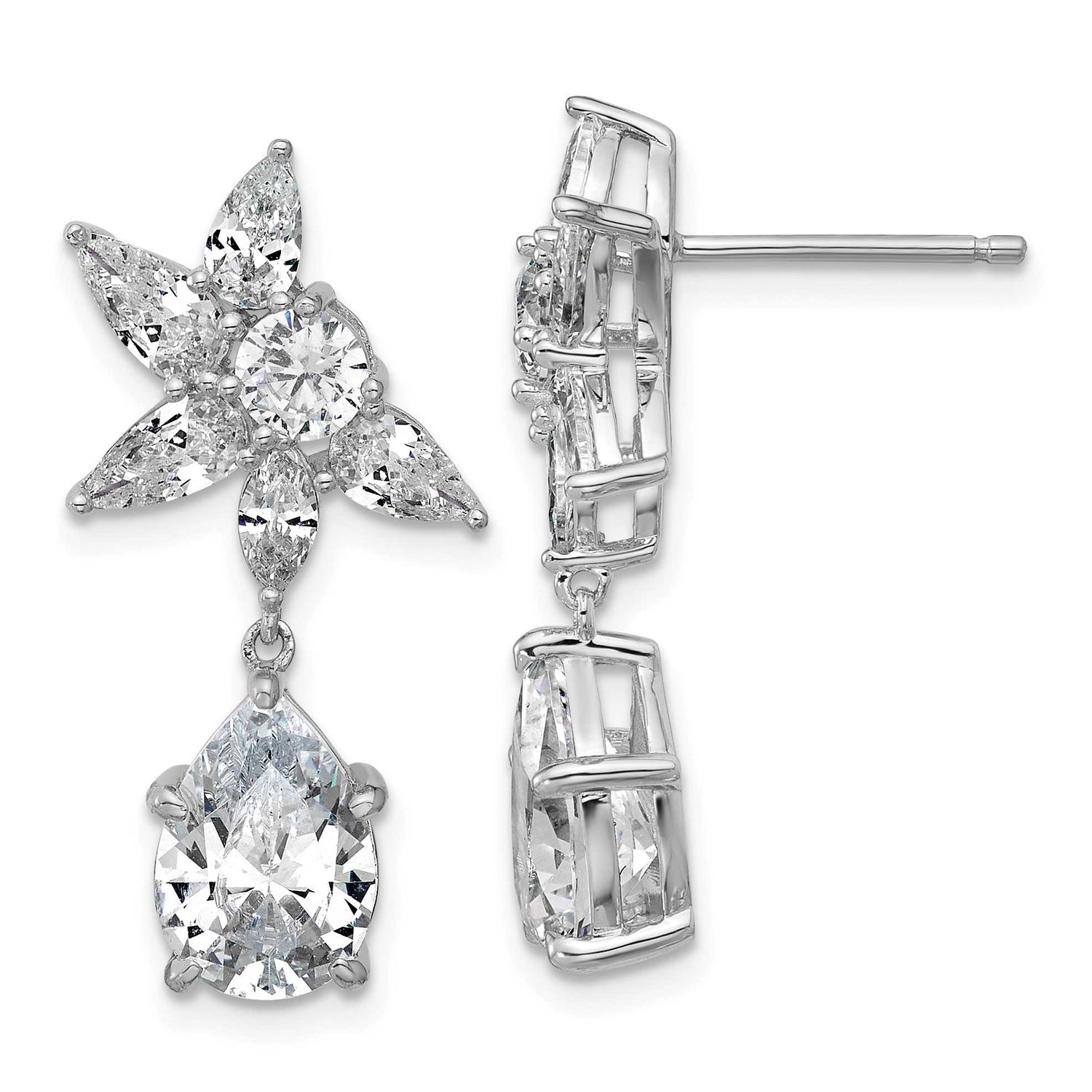 Cheryl M Polished Fancy Multi-cut CZ Post Dangle Earrings Sterling Silver Rhodium-plated, QCM1698,