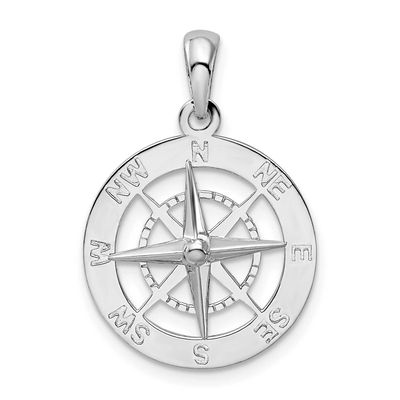 De-Ani Polished Nautical Compass Pendant Sterling Silver Rhodium-plated, QC10444, 637218180004