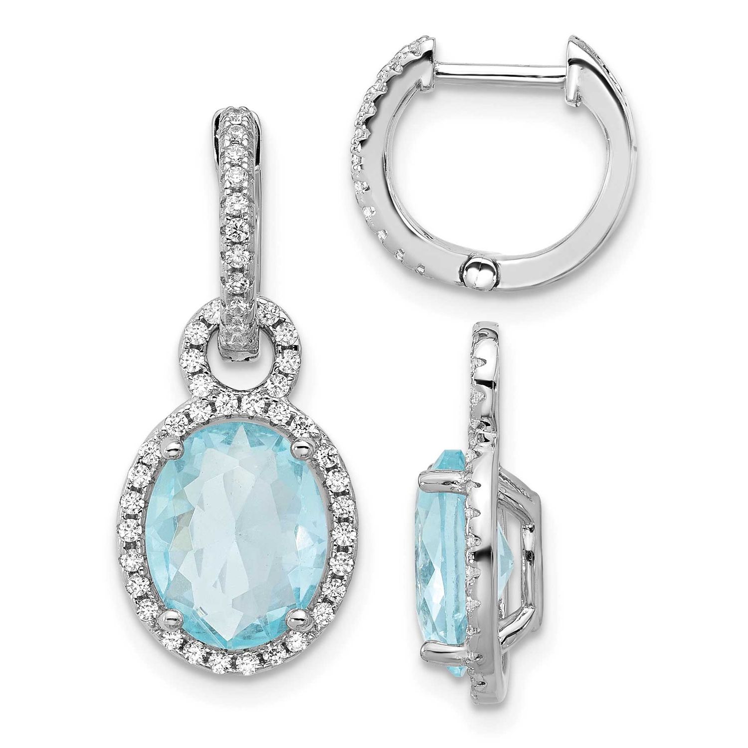 Cheryl M Polished Aqua Glass and CZ Dangle Hinged Round Hoop Earrings Sterling Silver Rhodium-plate