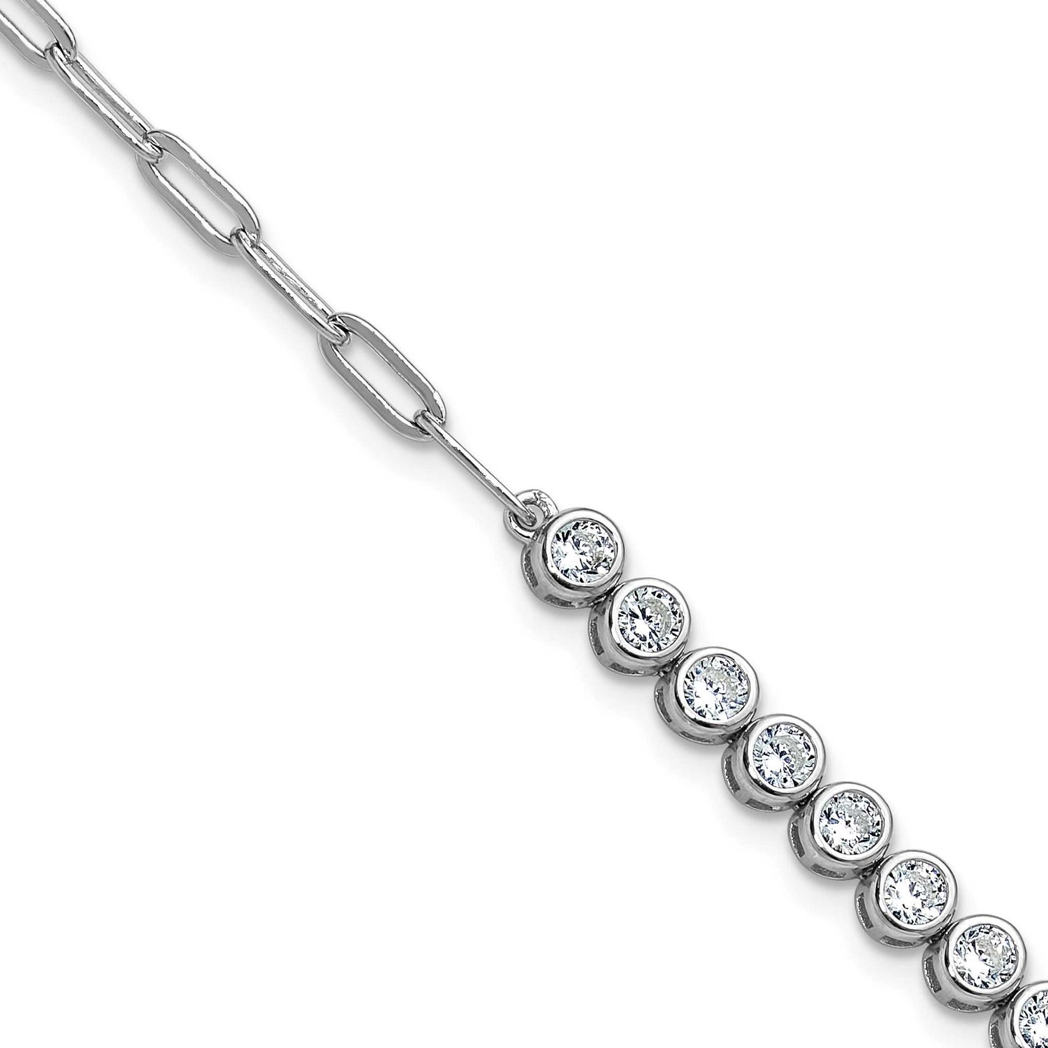 Cheryl M Polished Bezel Set CZ and Paperclip Link Bracelet Sterling Silver Rhodium-plated, QCM1833-
