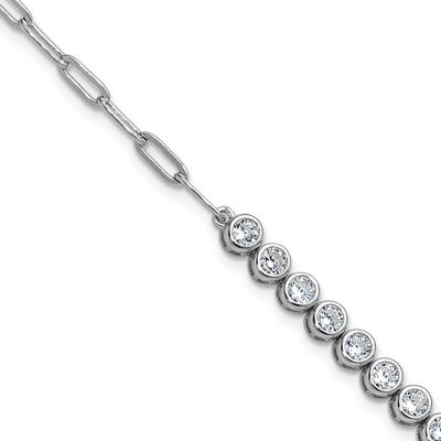 Cheryl M Polished Bezel Set CZ and Paperclip Link Bracelet Sterling Silver Rhodium-plated, QCM1833-