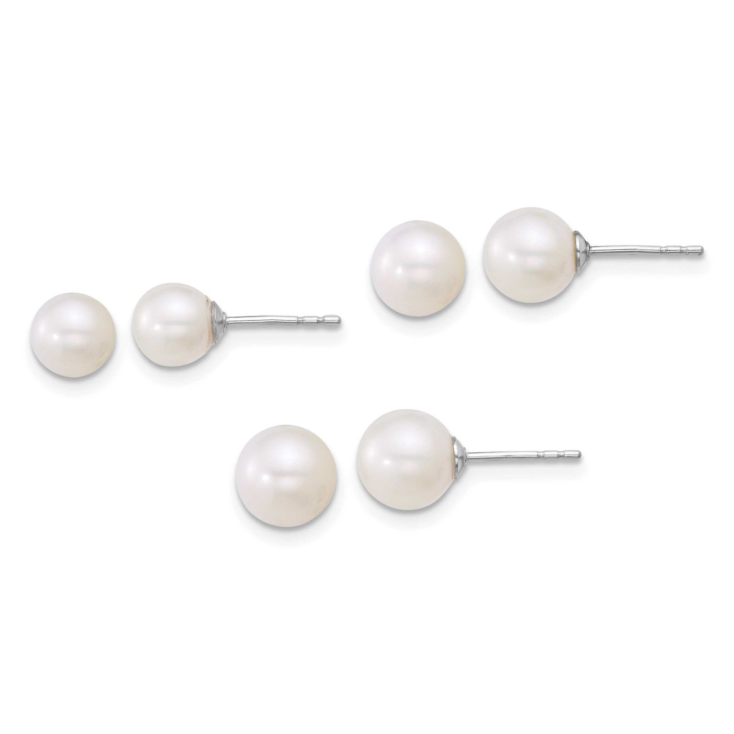 5-6mm/6-7mm/7-8mm White Round Freshwater Cultured Pearl Post Earring Set Sterling Silver Rhodium-pl