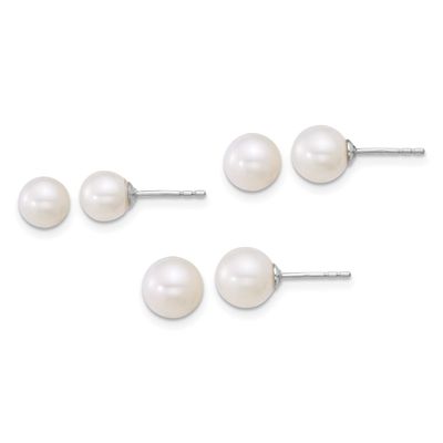 5-6mm/6-7mm/7-8mm White Round Freshwater Cultured Pearl Post Earring Set Sterling Silver Rhodium-pl