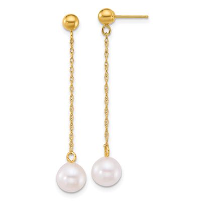 6.5-7mm White Round Akoya Saltwater Cultured Pearl Post Dangle Earrings 14k Gold, XF890E,