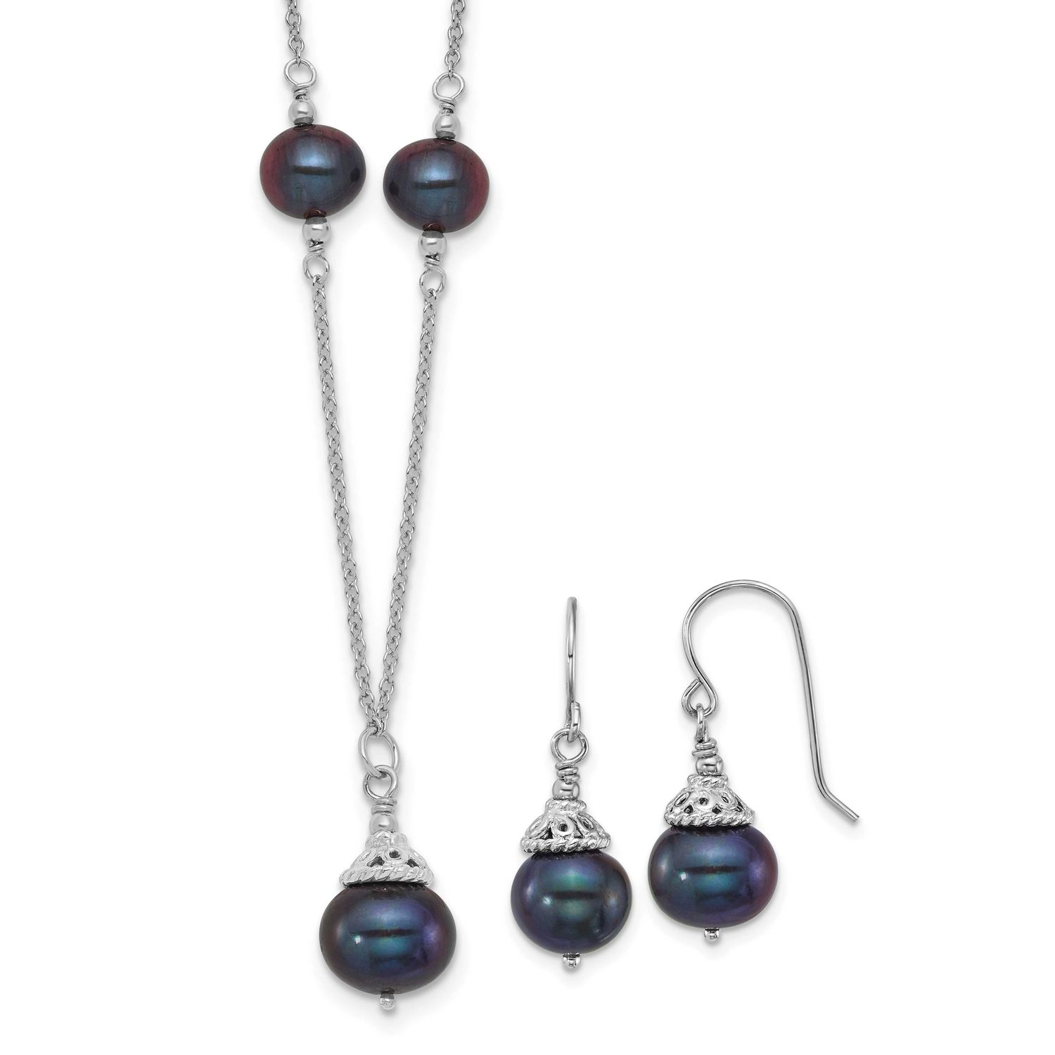 9-10mm Black Semi-Round Freshwater Cultured Pearl 18 inch Necklace and Dangle Earrings Set Sterling