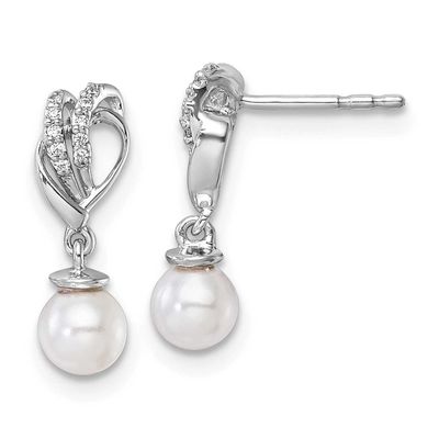 Polished Diamond and Pearl Dangle Post Earrings 14k White Gold, EM10189-007-WAA,