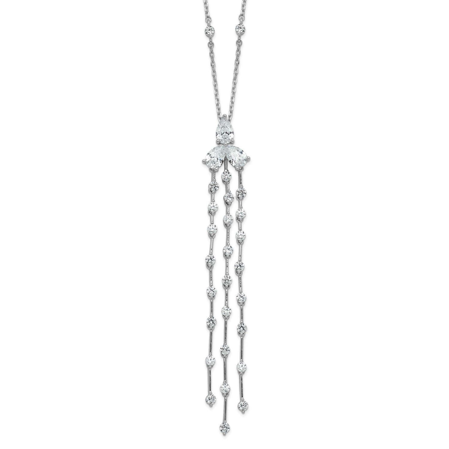 CZ 38 Stone 10 Station with 3 Dangles 16 inch with 2 inch Extension Necklace Sterling Silver Rhodiu