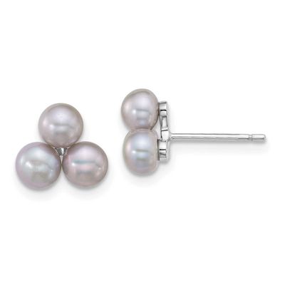 5-6mm Grey Button Freshwater Cultured 3-Pearl Post Earrings Sterling Silver Rhodium-plated, QE18149,