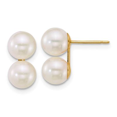 6-7mm White Round Akoya Saltwater Cultured Double Pearl Post Earrings 14k Gold, XF891E,