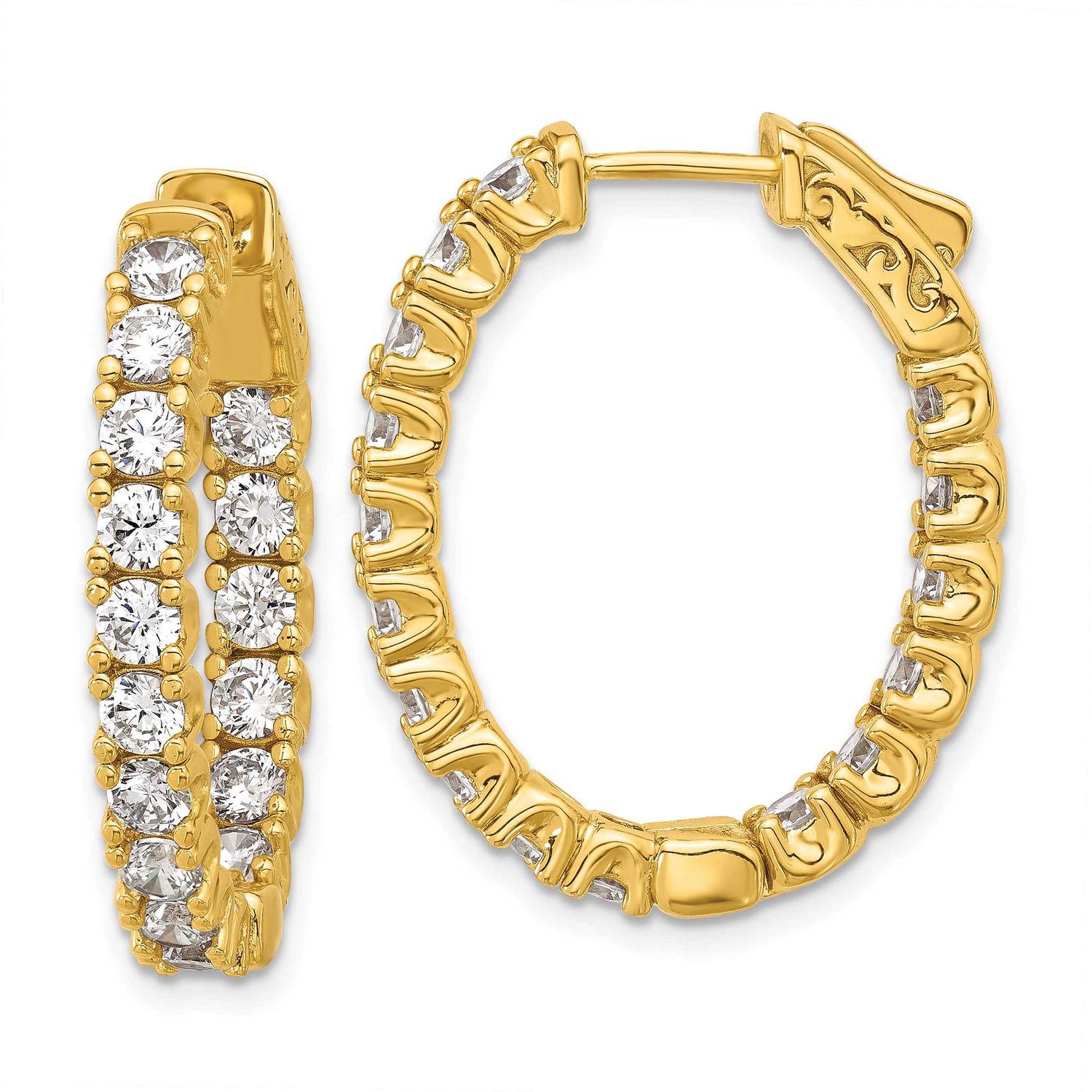 Gold-tone Flash Gold-plated 3mm CZ 32 Stone Oval In and Out Hinged Hoop Earrings Sterling Silver, Q