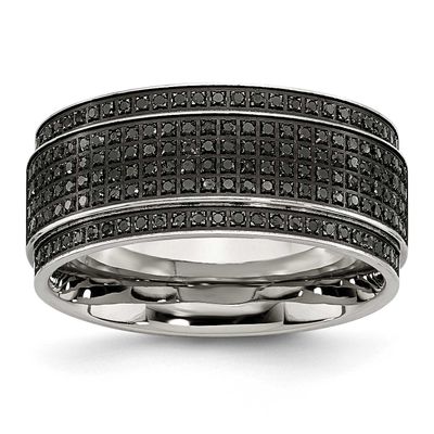 1/2 Carat Black Diamond 10mm Ridged Edge Band Stainless Steel Polished, SR410-6, 191101431258