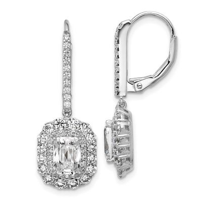 Cheryl M Polished Fancy Emerald-cut CZ Halo Dangle Leverback Earrings Sterling Silver Rhodium-plate