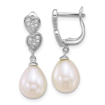 7-9mm White Teardrop Freshwater Cultured Pearl CZ Hearts Dangle Earrings Sterling Silver Rhodium-pl