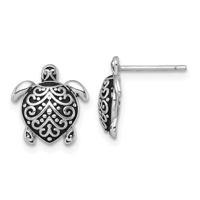 Oxidized Filigree Hollow Turtle Post Earrings Sterling Silver Rhodium-plated, QE18220,