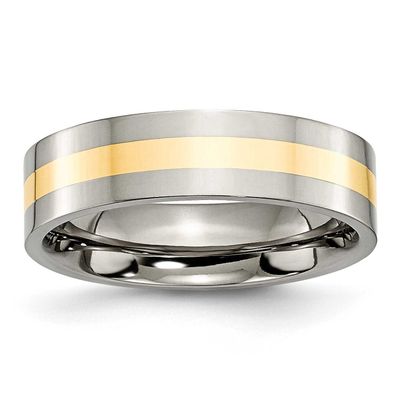 14k Gold Inlay 6mm Flat Band Titanium Polished, TB219-8.5, 883957798691