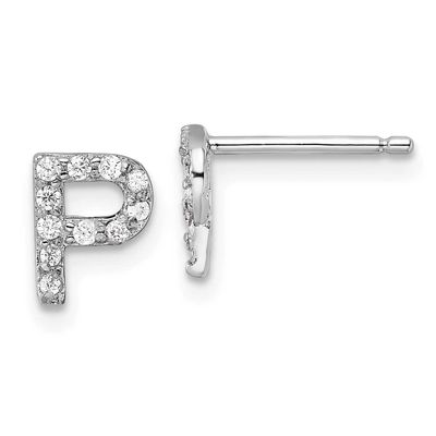 Cheryl M Polished Letter P CZ Initial Post Earrings Sterling Silver Rhodium-plated, QCM1867P,