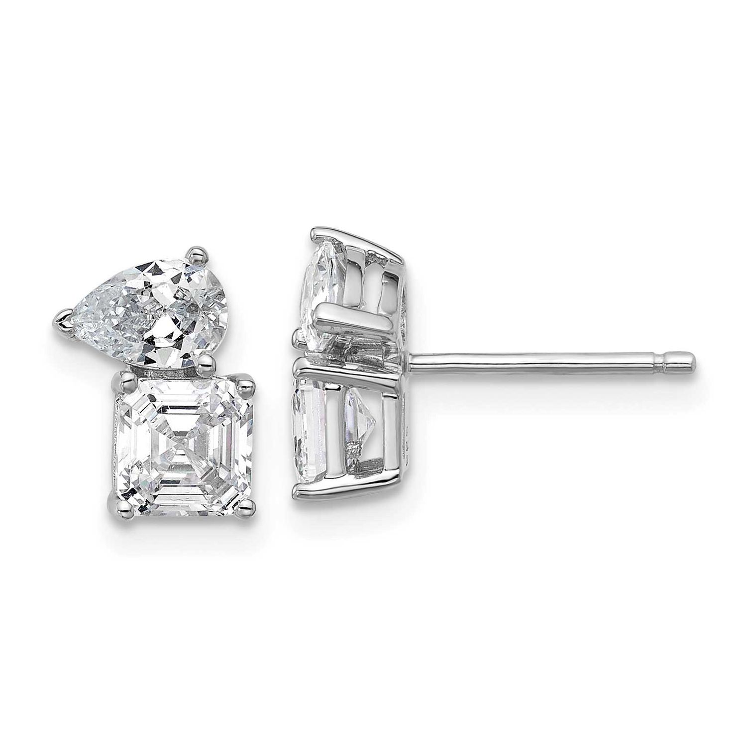 Cheryl M Polished Pear and Square CZ Post Earrings Sterling Silver Rhodium-plated, QCM1682, 1969042