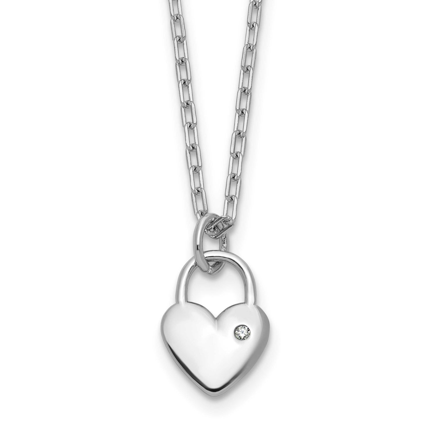 Cheryl M Polished CZ Heart Lock Necklace Sterling Silver Rhodium-plated, QCM1754-18, 196904278758