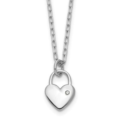 Cheryl M Polished CZ Heart Lock Necklace Sterling Silver Rhodium-plated, QCM1754-18, 196904278758