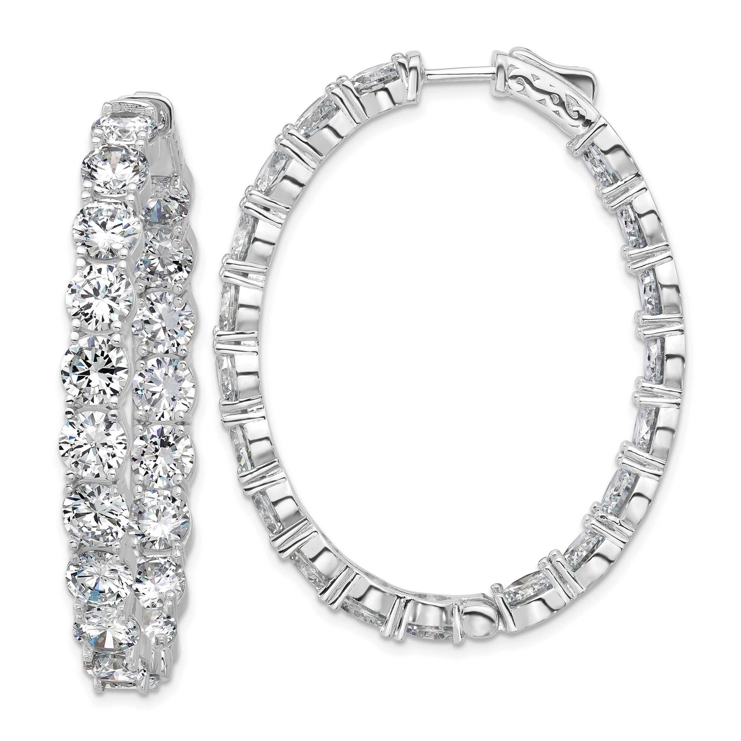 5.25mm CZ 38 Stone Oval In and Out Hinged Hoop Earrings Sterling Silver Rhodium-plated, QSH148, 196
