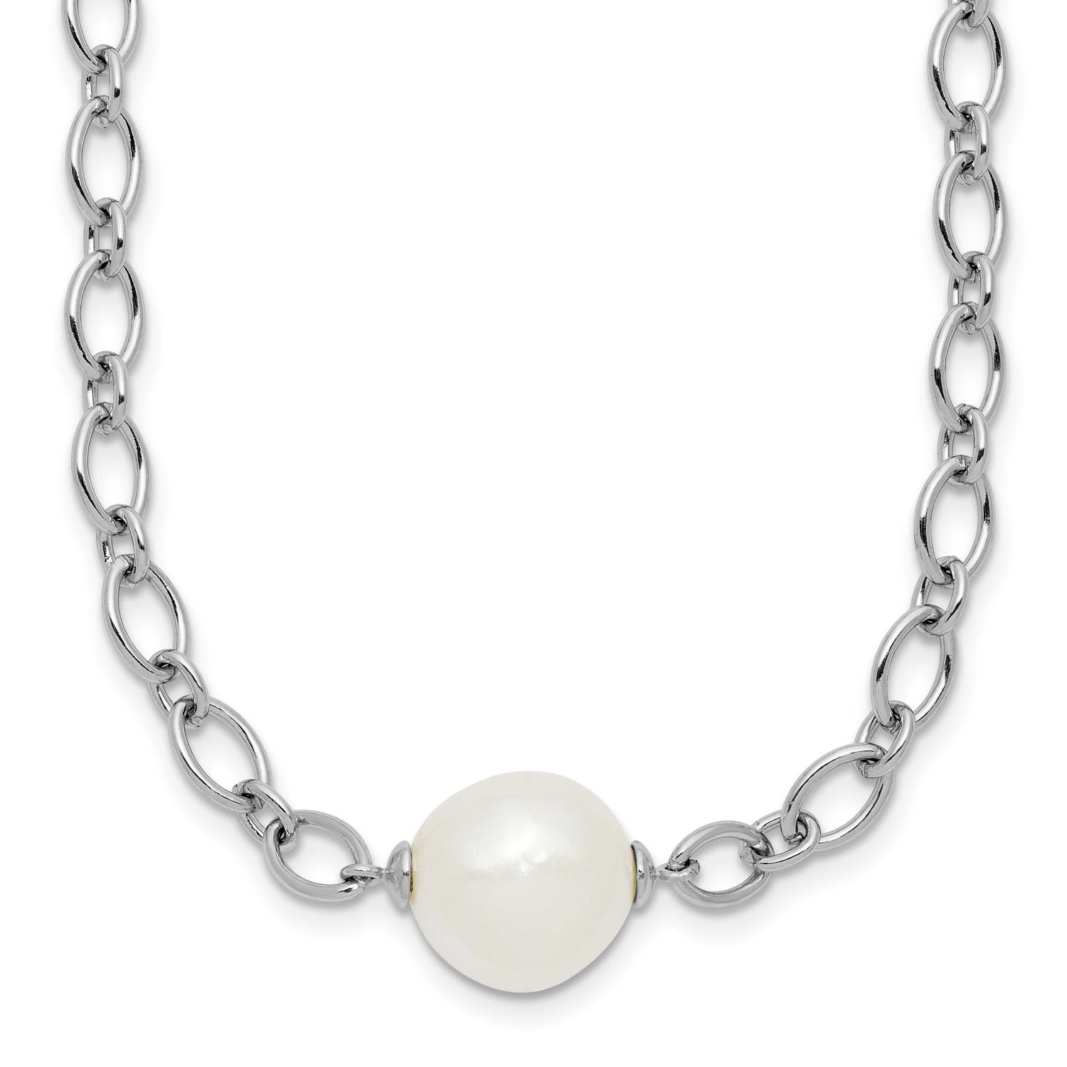12-13mm White Semi-Round Freshwater Cultured Pearl Open Link 18 inch Necklace Sterling Silver Rhodi