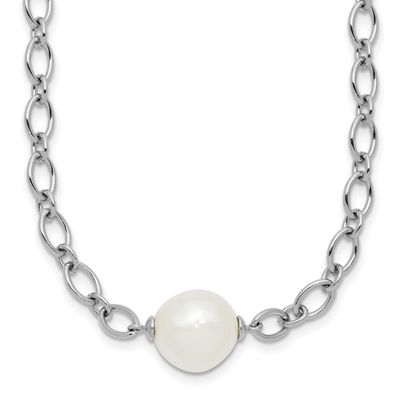 12-13mm White Semi-Round Freshwater Cultured Pearl Open Link 18 inch Necklace Sterling Silver Rhodi