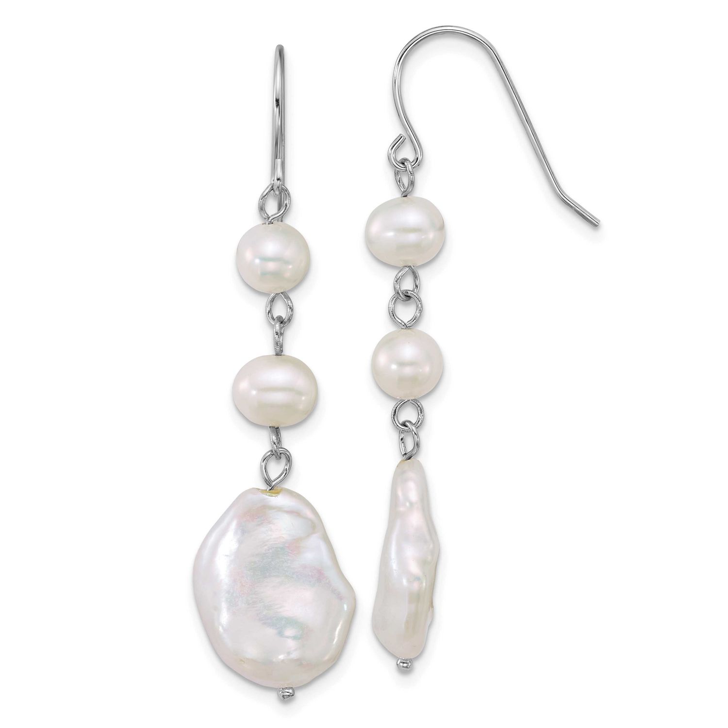 6-7mm White Semi-Round and 11-12mm white Keshi Freshwater Culture Pearl Shepherd Hook Dangle Earrin